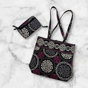 Vera Bradley Black/Gray/Pink/White Patterned Tote and Wallet Set